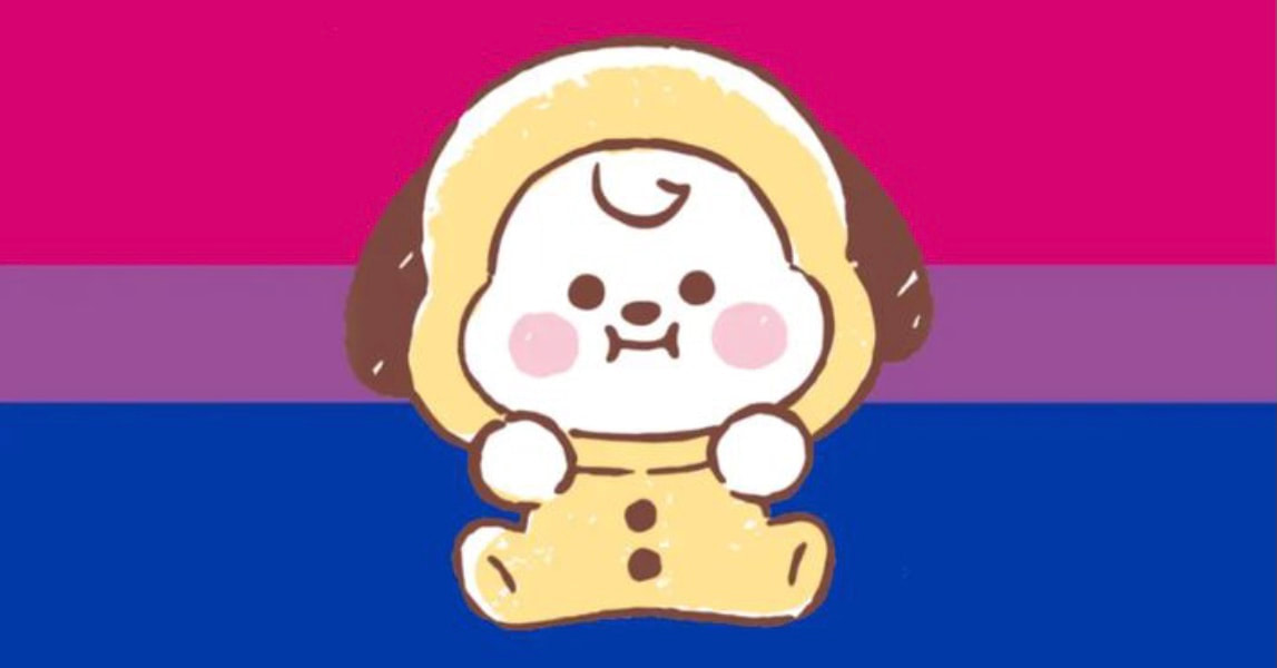 Cutout of bt21 baby chimmy on a bi flag background