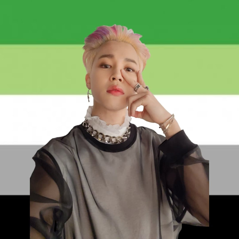 a cutout of butter era jimin over the aromantic flag