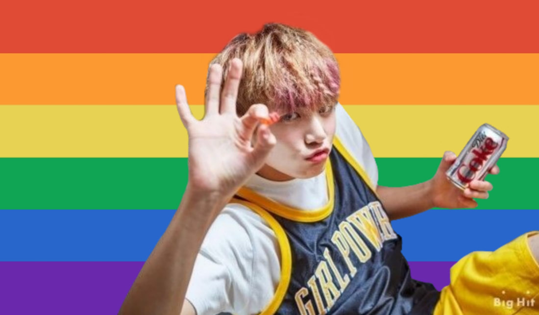a cutout of jungkook holding candy and a diet coke can over a vintage edit of the 6 stripe rainbow flag