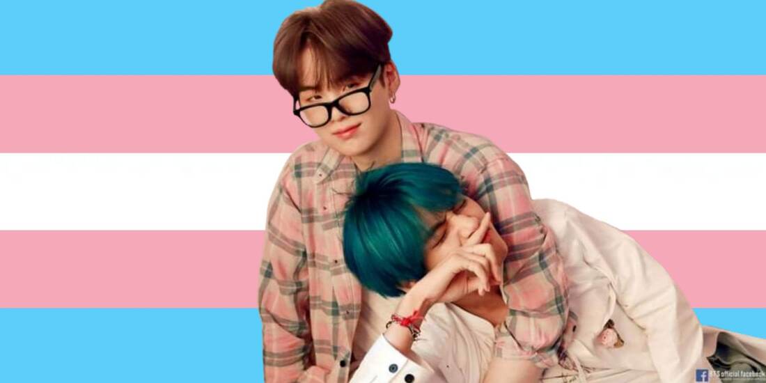 cutout of mots persona photo of yoongi in a plaid shirt and glasses with blue haired taehyung leaning onto him with yoongi's arm around him ontop of the trans flag