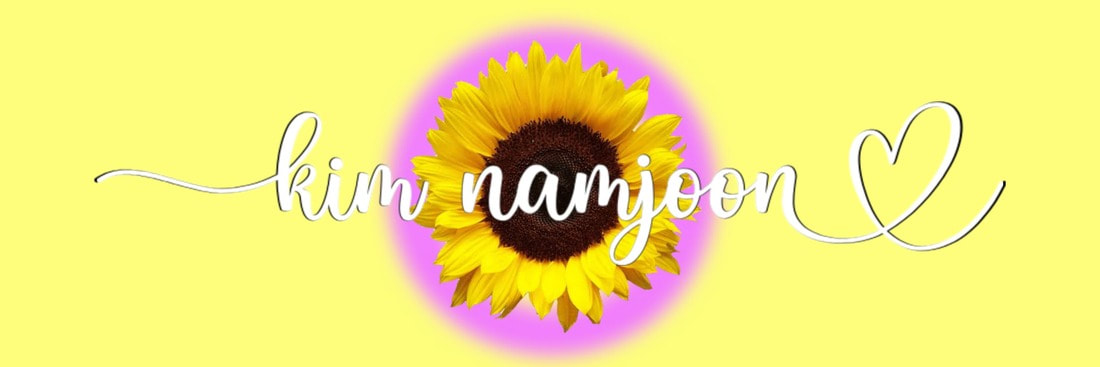 edited bright pastel blurred intersex flag twitter header with a sunflower sunflower in the center and cursive text that says kim namjoon with a looped heart at the end in white text with a black outline