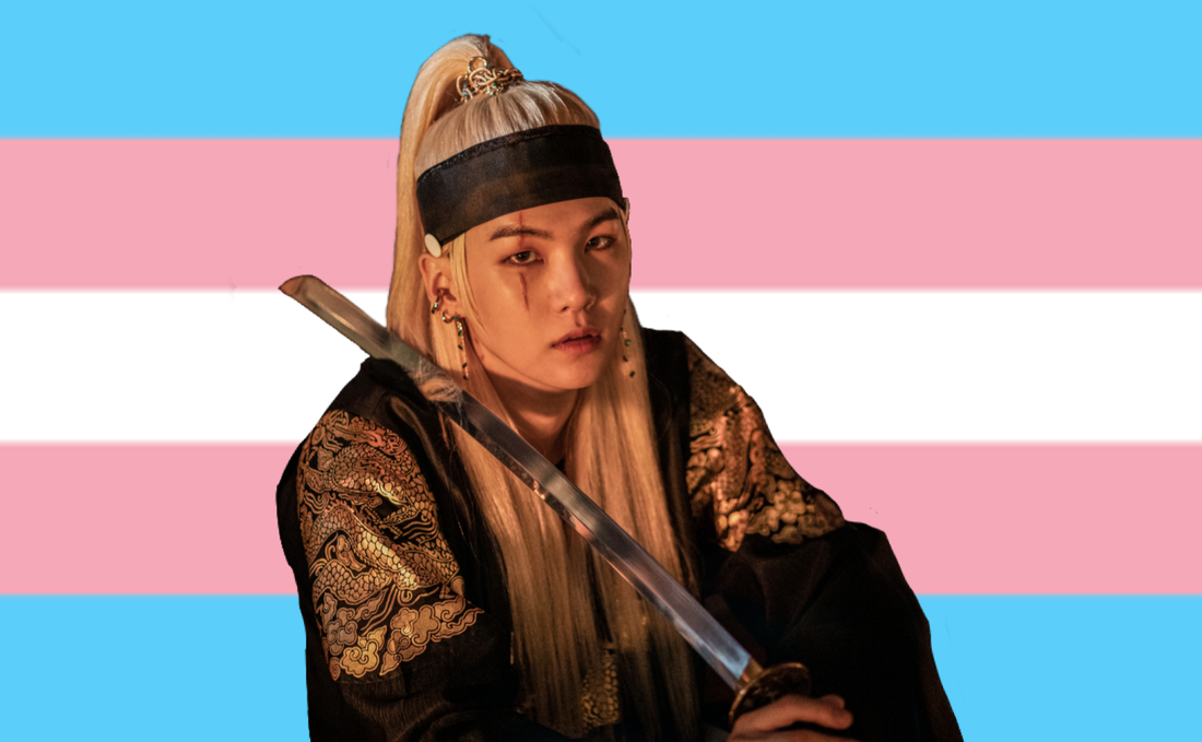 a cutout of blonde Daechwita music video Yoongi over the trans flag