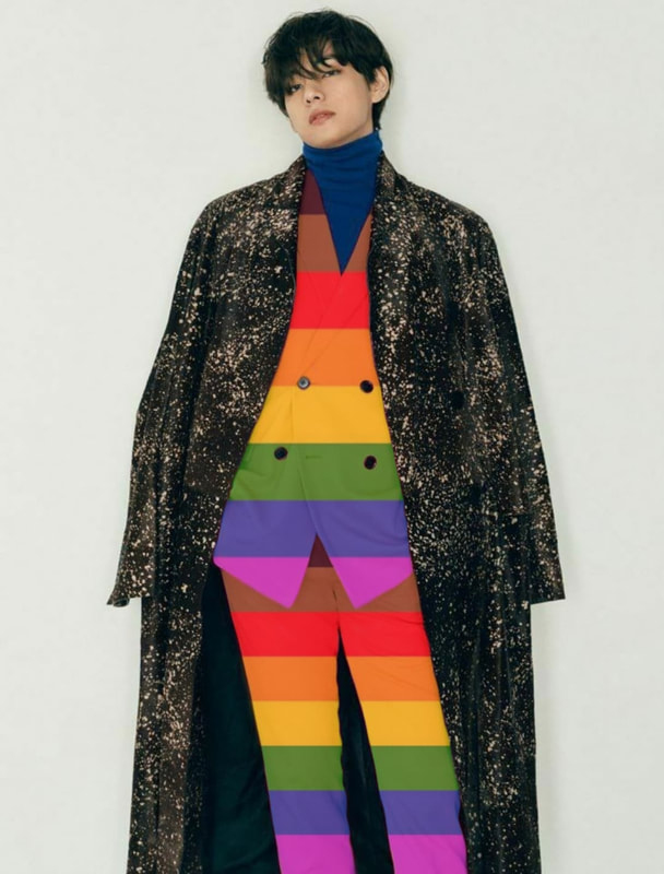 taehyung wearing the philly rainbow flag in the form of a suit