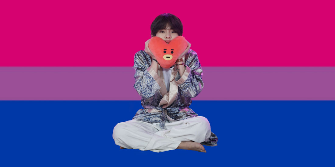 cutout of taehyung from the set of run bts episode 97 and 98 in pajamas with his legs criss crossed pushing a tata pulushie up to his face over the bi flag