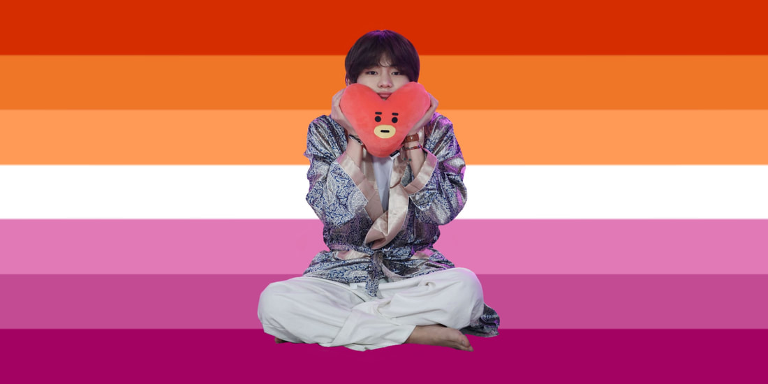 cutout of taehyung from the set of run bts episode 97 and 98 in pajamas with his legs criss crossed pushing a tata pulushie up to his face over the sunset lesbian flag